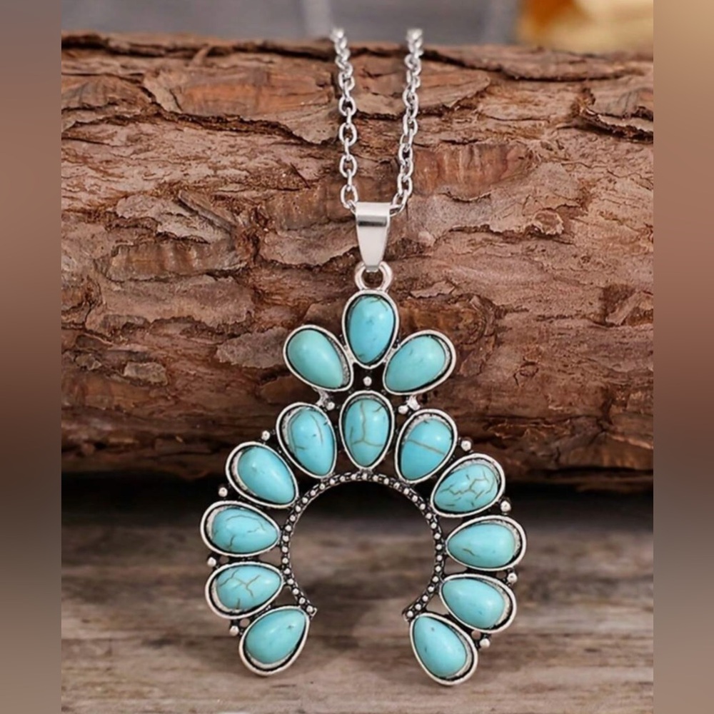 Turquoise Teardrop Halo Pendant Necklace - Fashion Jewelry